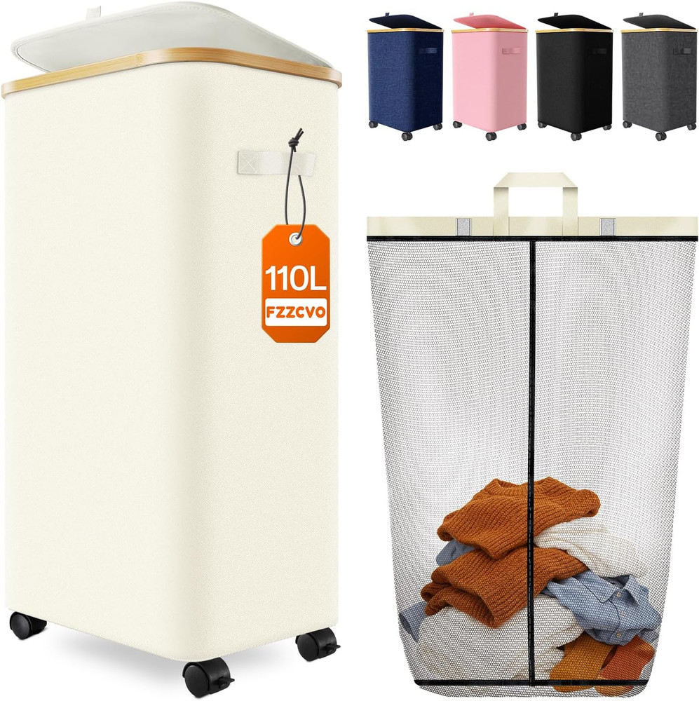 Laundry Hamper with Wheels, 110L Large Clothes Hamper with Removable Inner Bag,
