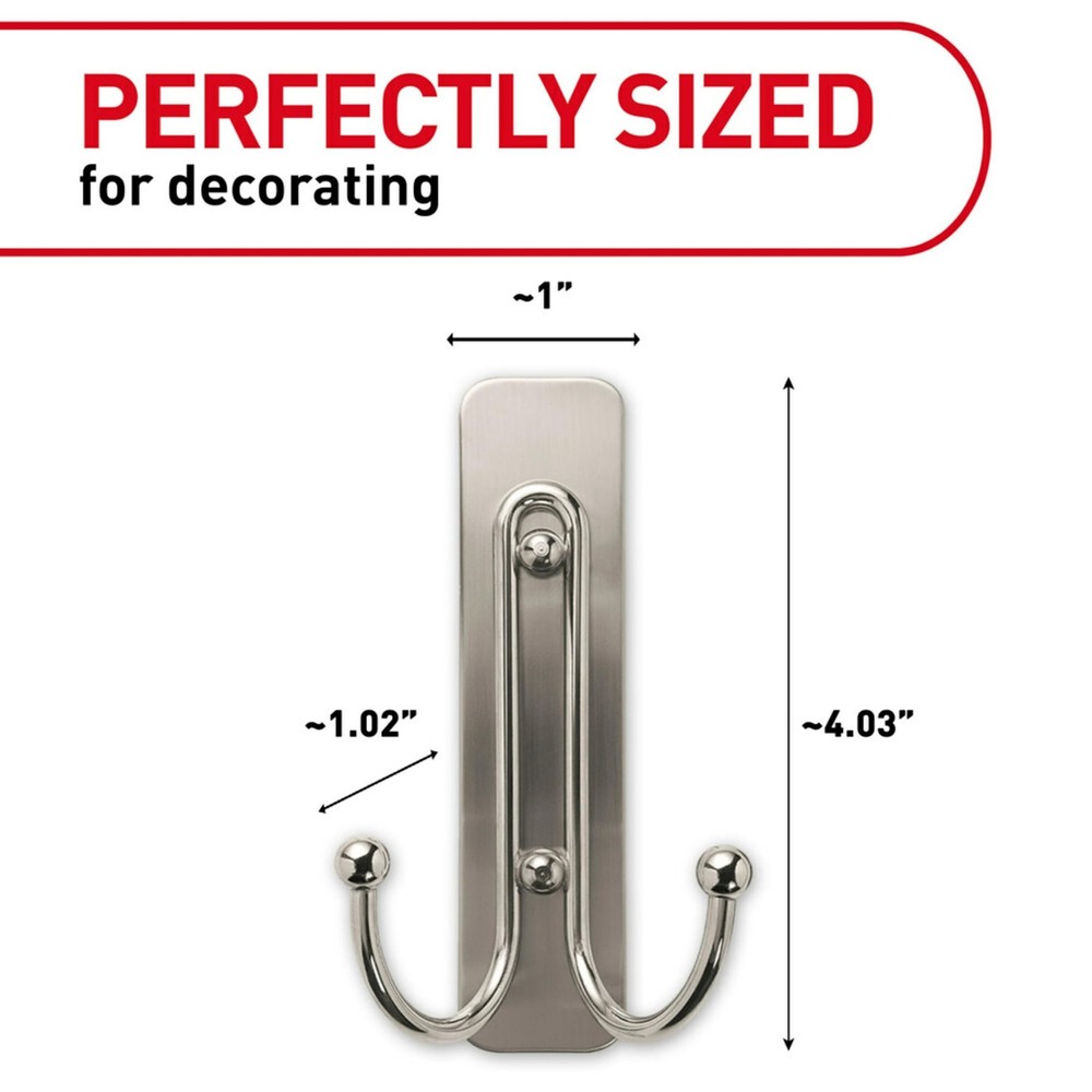 Command Large Brushed Nickel Double Hooks, 2 Hooks and Large,