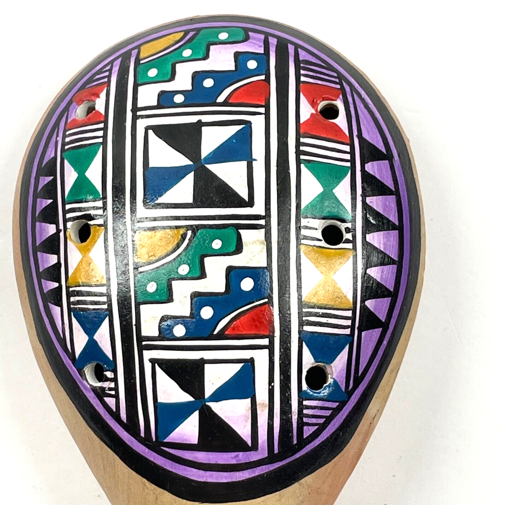 Peruvian Clay Multi-Color Geometric Pattern Folk Art Face Collector Whistle