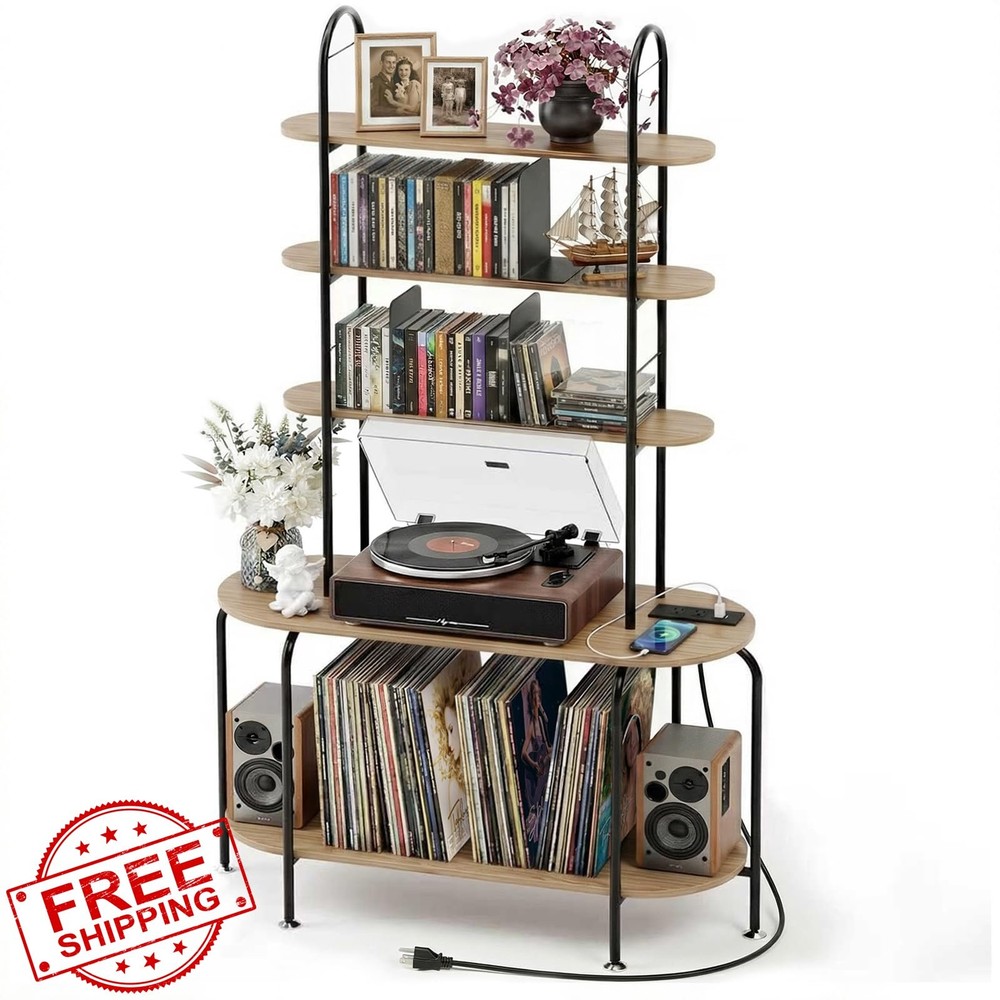 Oak 5-Tier CD Storage Rack Record Player Stand