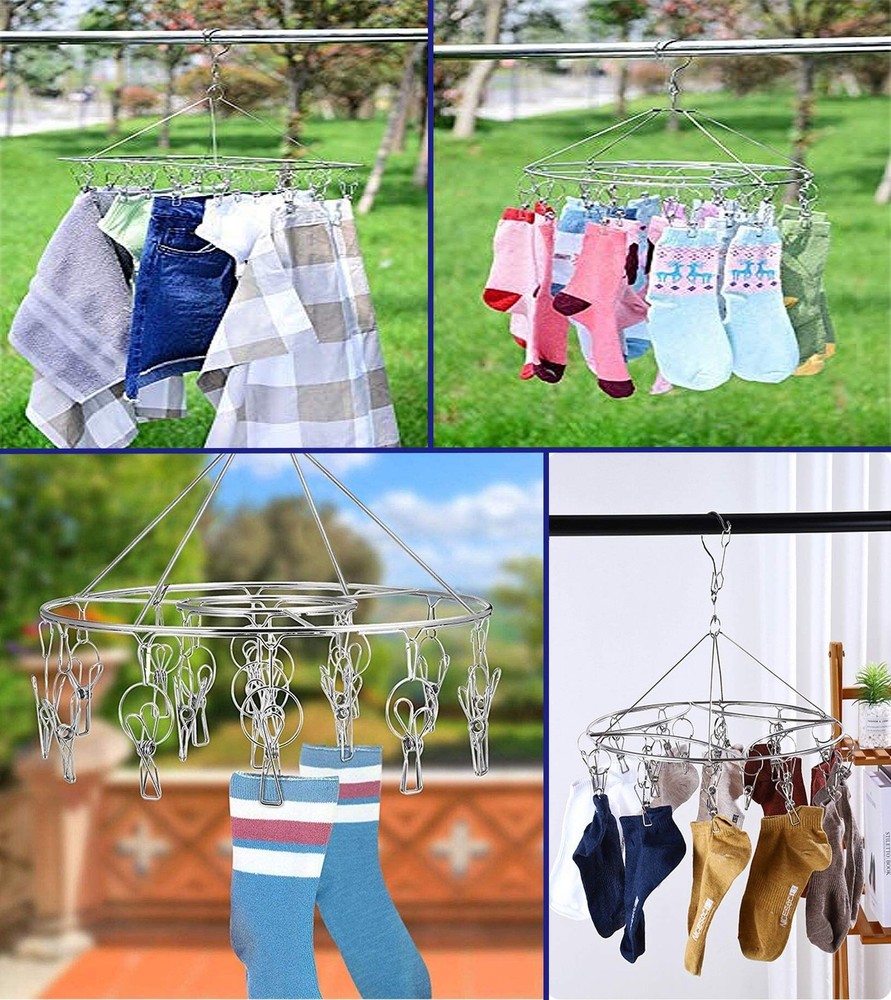 Round Hanging Drying Rack, 20 Clips, for Bras Clothes Pants, Silver