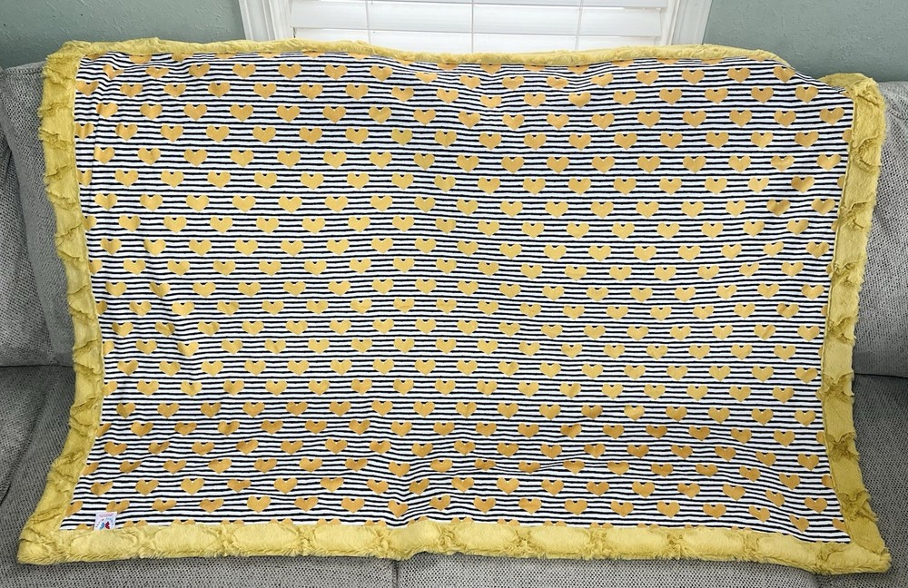Minky Couture 55”X38” Blanket Striped Hearts EUC