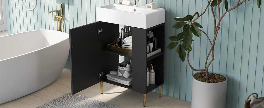 21.6" Black Bathroom vanity Combo Cabinet Single Ceramic Sink Right Side Storage