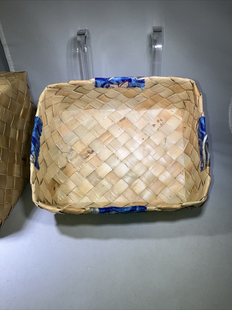 Decorative Basket Rectangular Lidded Rafia & Wood Hawaiian Floral/turtle