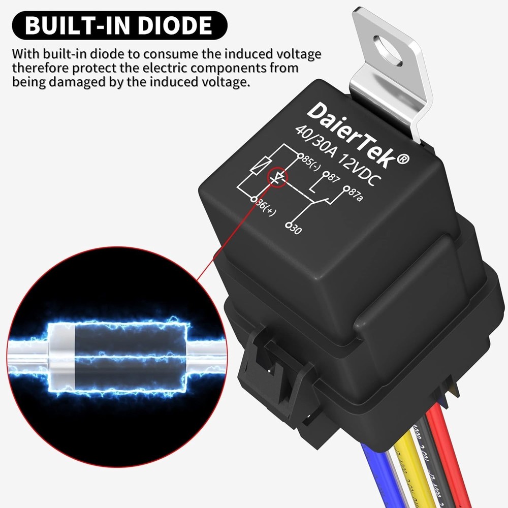 DaierTek 12V Relay with Built-in Diode & 12 AWG Harness Socket 30A/40A 8 Pcs