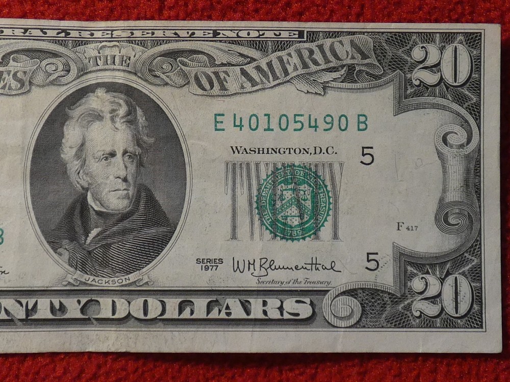 1977 (E) $20 Twenty Dollar Bill Federal Reserve Misalignment Error Note #3519