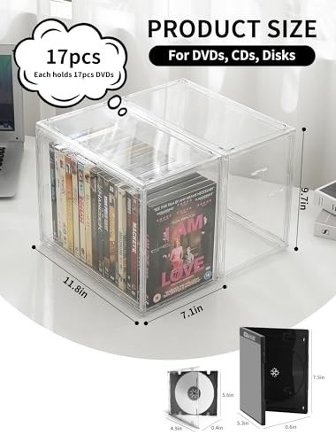 Stackable DVD Storage Box - 2-Pack Clear Organizer for CDs, Blu-ray, Video Games