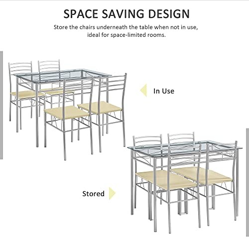Kitchen Dining Room Table and Chairs 4, 5-Piece Dining Table Set for 4 Silvery