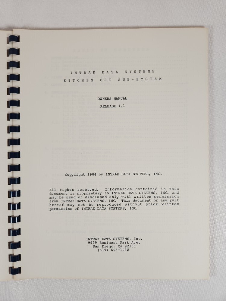 Intrak Data Systems Kitchen CRT Sub-System Owner's Manual Release 1.1 (1984)