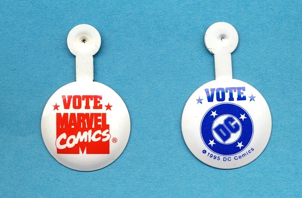 1995 MARVEL VERSUS DC "Vote Marvel Vote DC" Tin BUTTON Set FREE w/ ANY PURCHASE