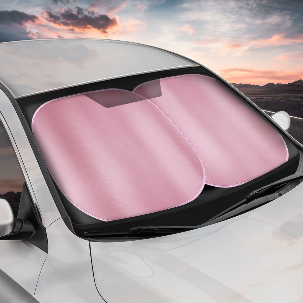 2PC Metallic Pink Reflective Polyester Pop Up Car Windshield Sun Shade