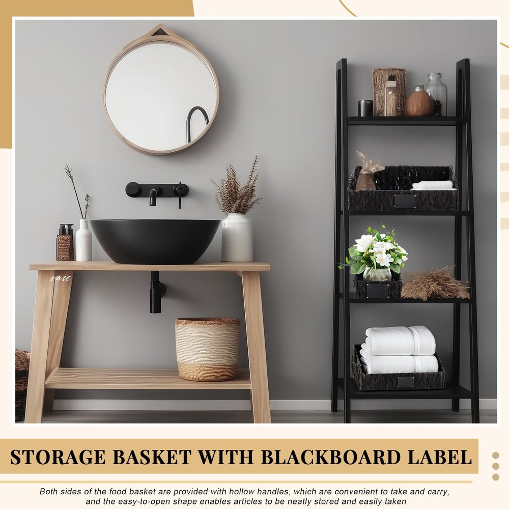 4 PCS Natural Wicker Storage Baskets Stackable Handwoven Bins Black Shelf