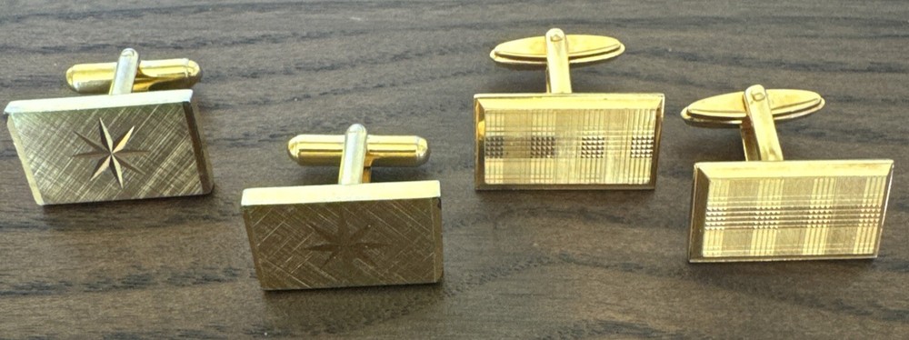 2 X Pair Retro Gold Tone Cut Etched Themed Rectangle Cufflinks