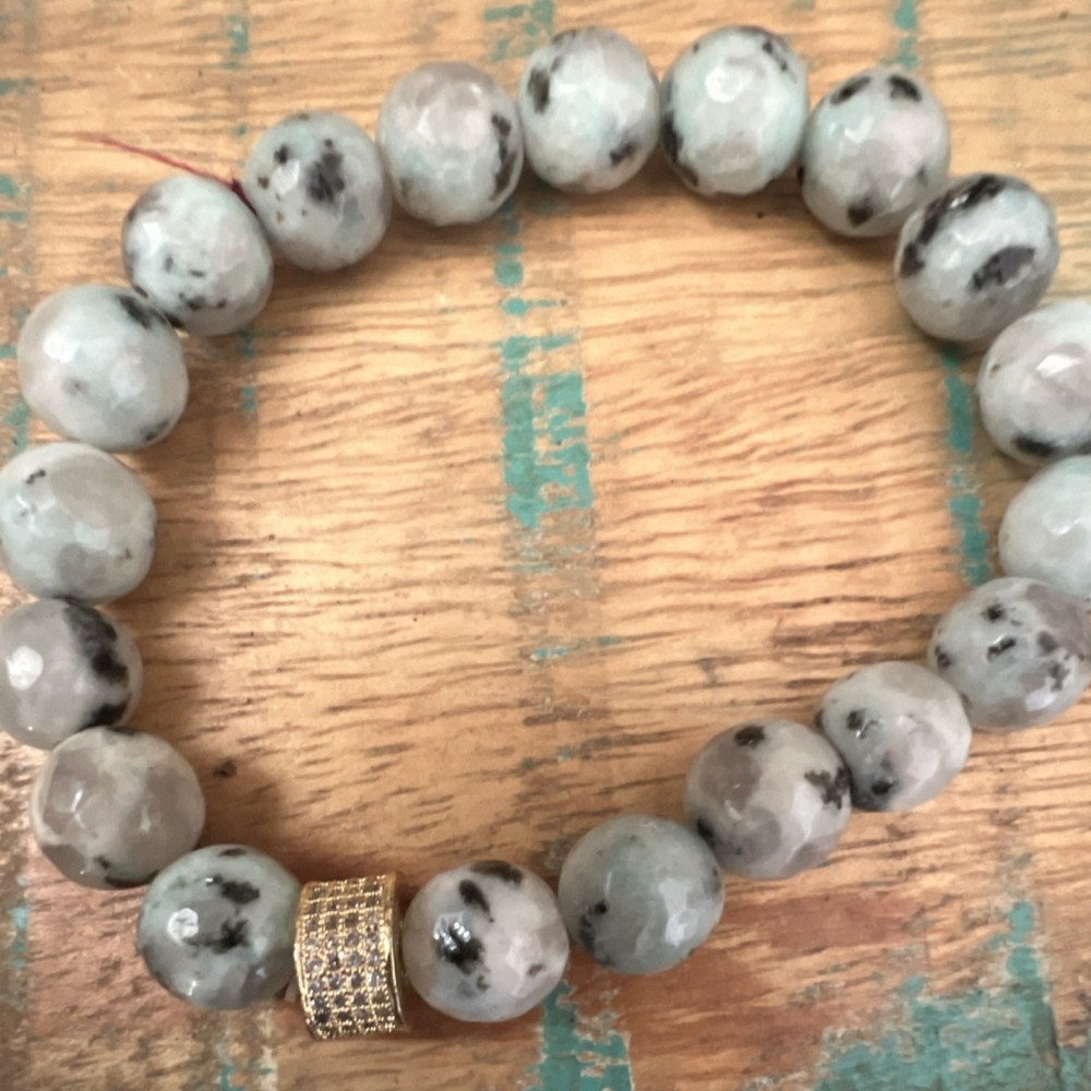 Beaded Gemstone Bracelet Gray Black Gold Stackable Round Gold Accent Unisex