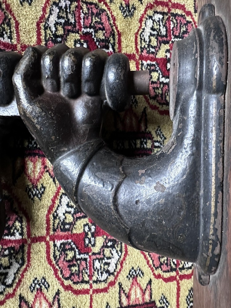Large Figural Arm Hand Cast Iron Hand Press Seal Mounted On Wood