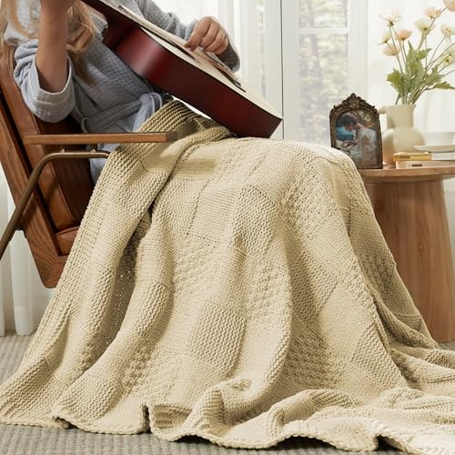 Amélie Home Chenille Knit Throw Blanket for Couch, Checkered Texture