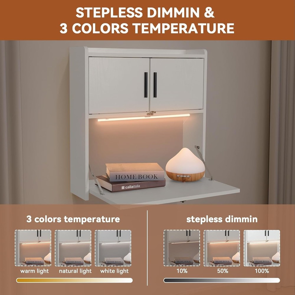 Wall Mounted Desk with LED Light Multifunctional Fold down Laptop Computer Table