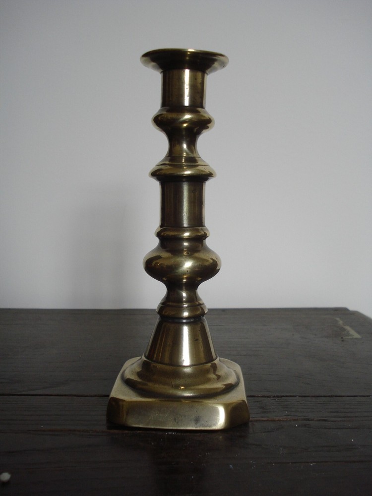 ANTIQUE 19TH C BRASS BALUSTER STEM CANDLESTICK WITH EJECTOR 2