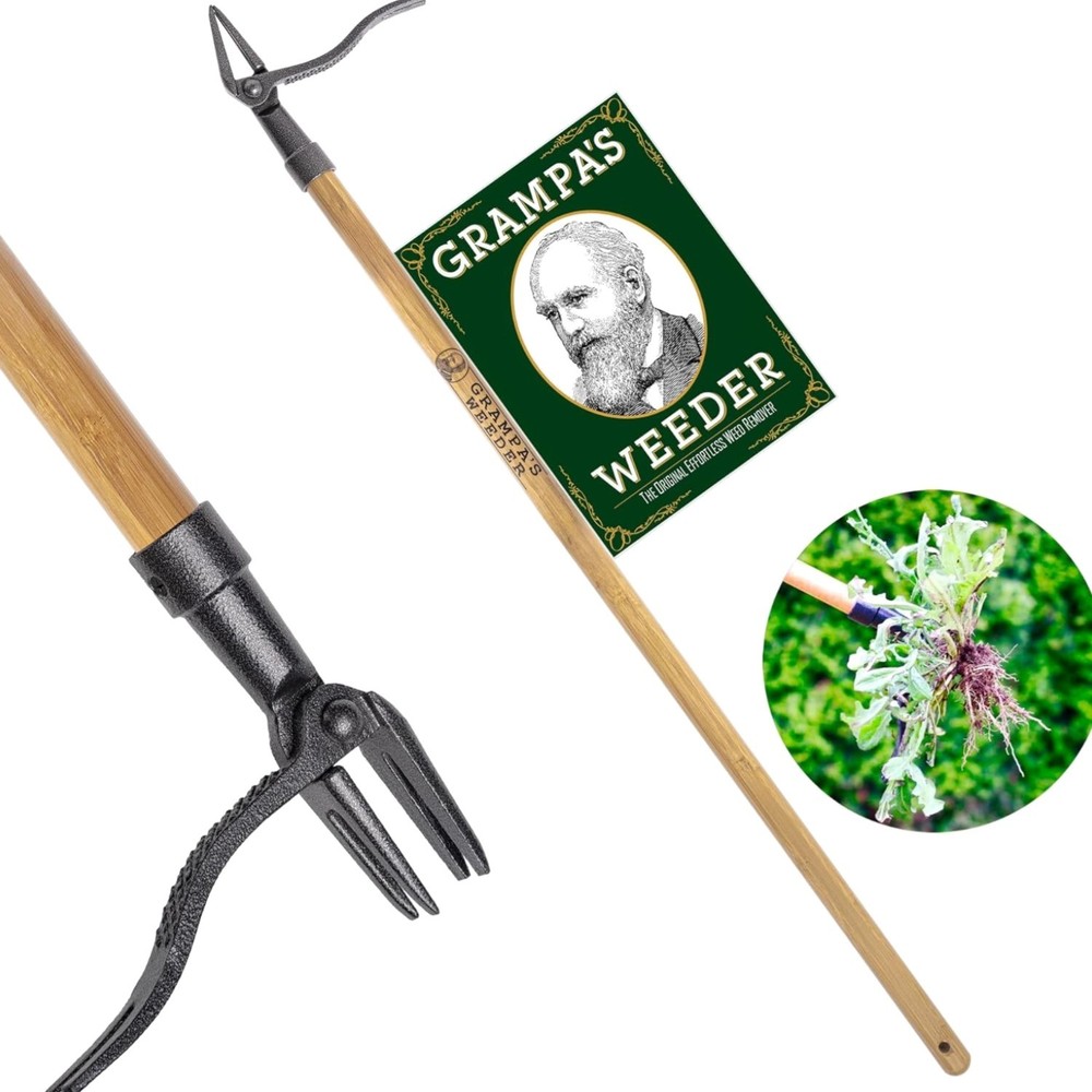 The  Stand Up Weed Puller Tool with Long Handle - Made with Real Bamboo & 4-C...