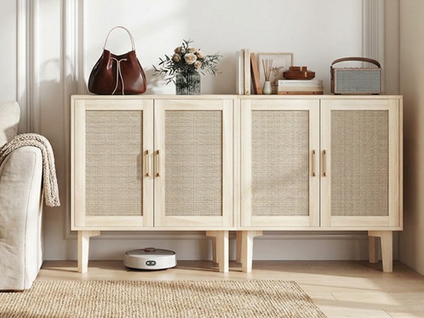 ↑Buffet Cabinet With Rattan Decor Doors Solid Wood Feet Multifunctional