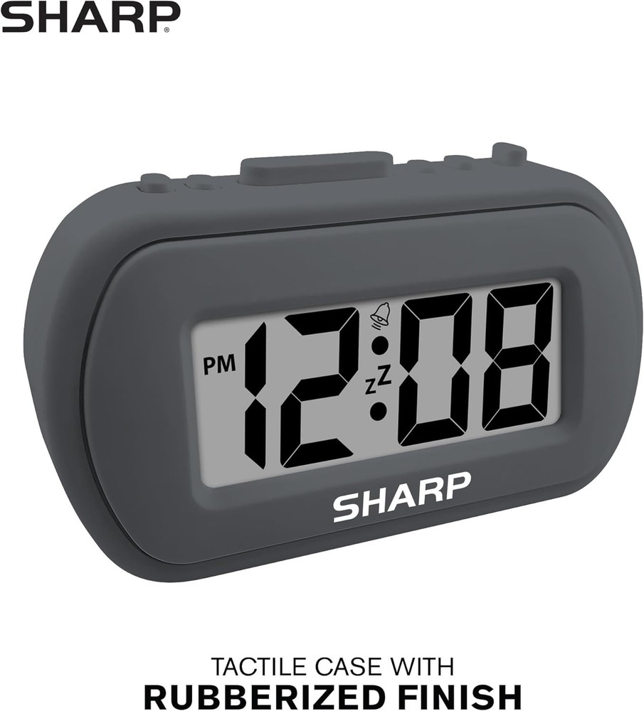 Sharp Digital Alarm Clock – Tactile Plastic Case with Soft – Charcoal Black