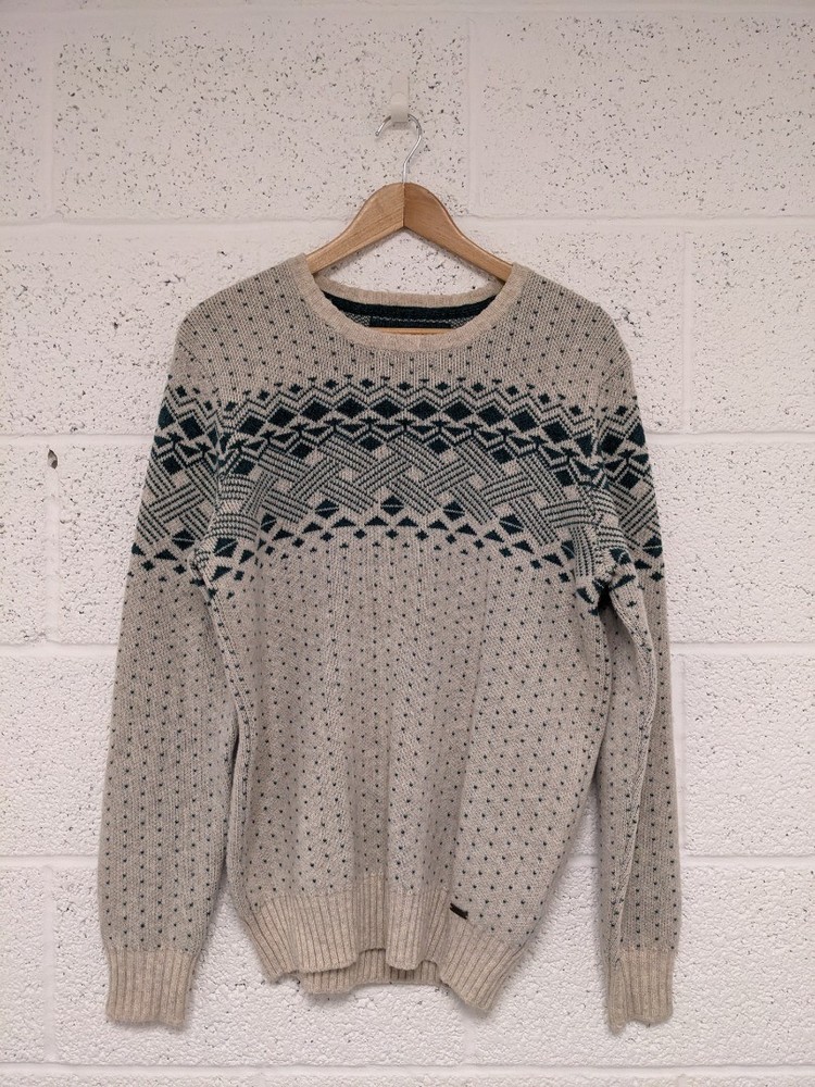 Timberland 100% Lambswool Jumper Pullover Wool Knit Green Beige - Size M