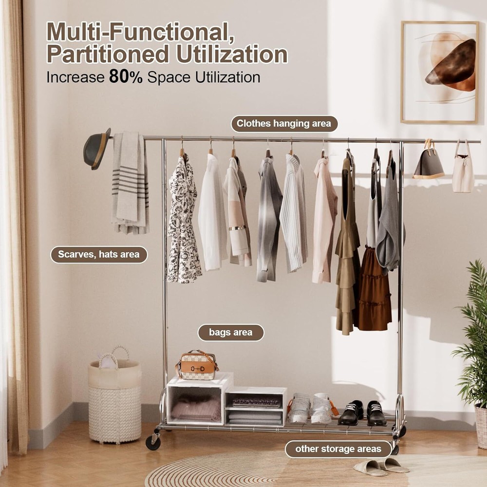 Singel Rail Garment Rack with Wheels Multi Purpose Clothes Storage Drying Hanger