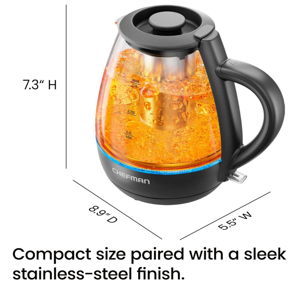 Chefman Electric Kettle with Tea Infuser, Compact 1L (4 Cups), 1500W, Removable