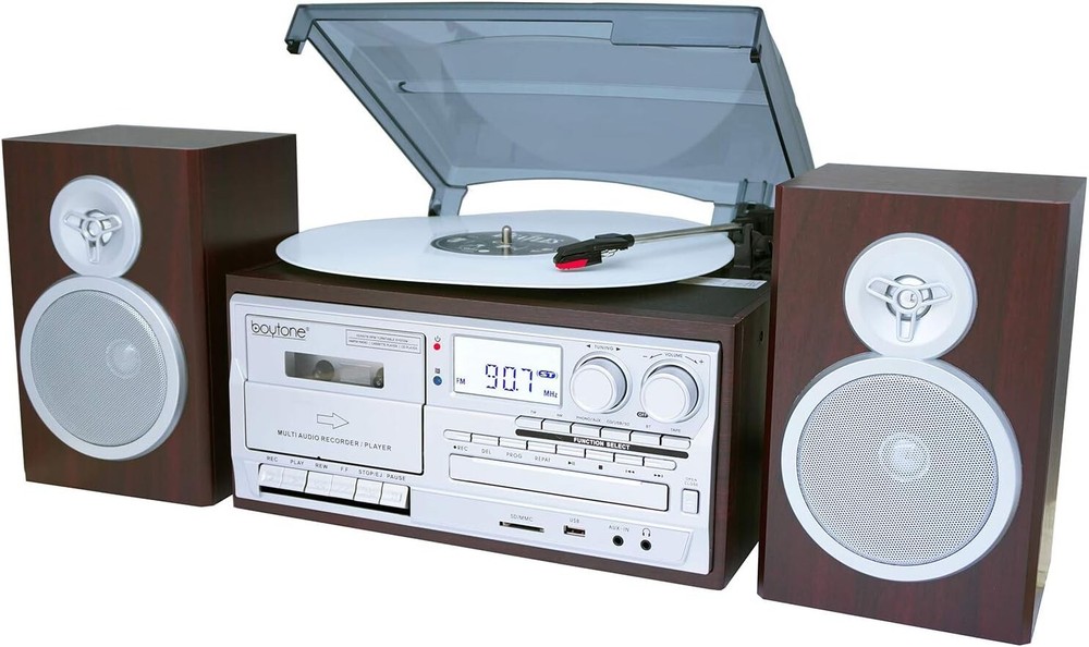 Boytone BT-28SPS Bluetooth Record Player Turntable, AM/FM, Cassette, CD Player