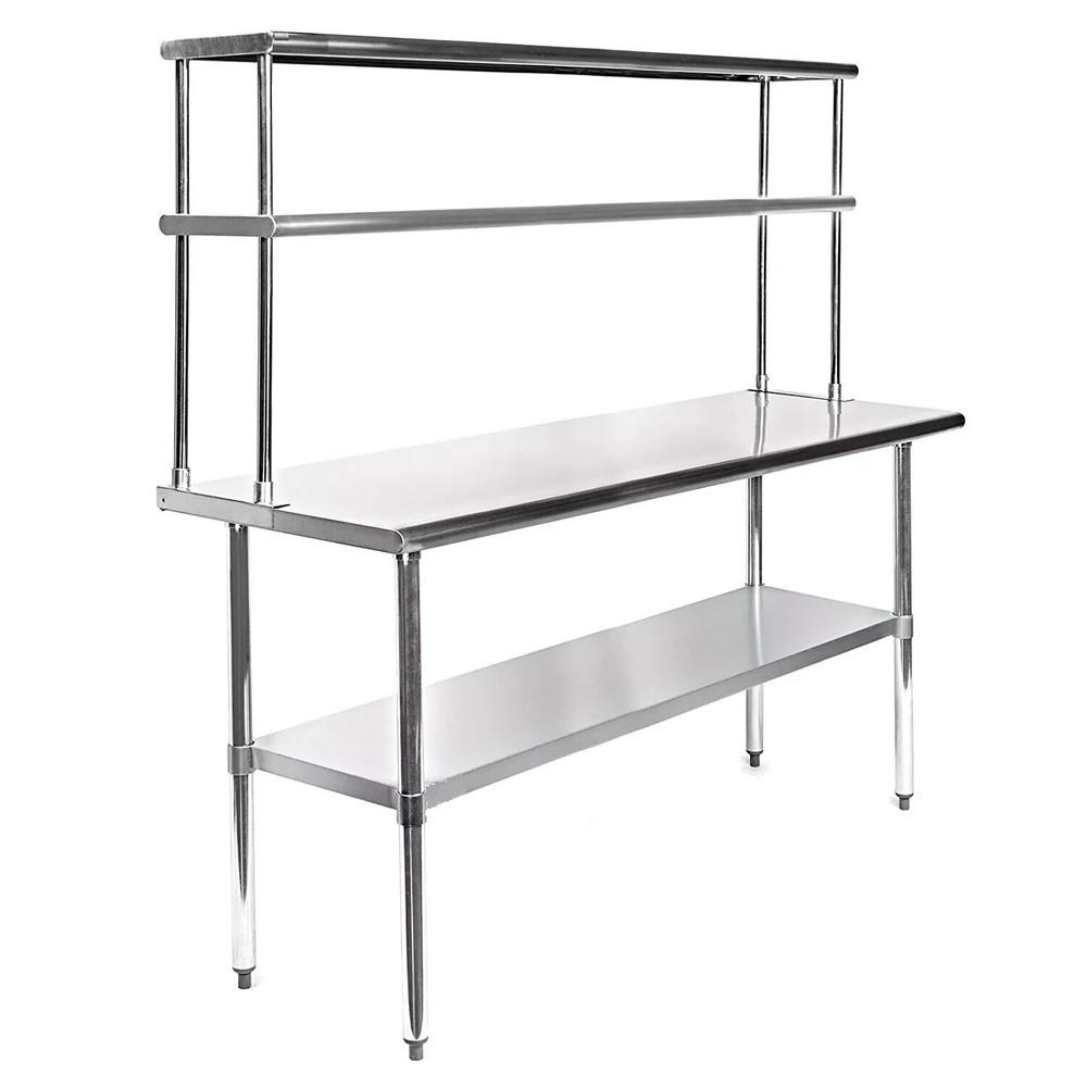 NSF Certified Prep & Work Table w/ Double Overshelf, Stainless Steel