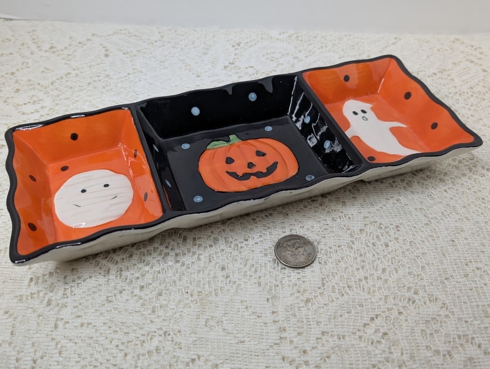 3 Section Serving Dish Halloween Tii Collections Ceramic Handmade Ghost Pumpkin