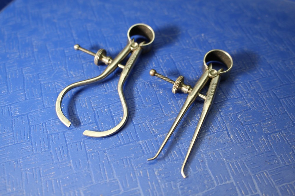 (2) Starrett Spring-Type Outside Inside Caliper 2" Solid Nut Round Leg ID OD 151