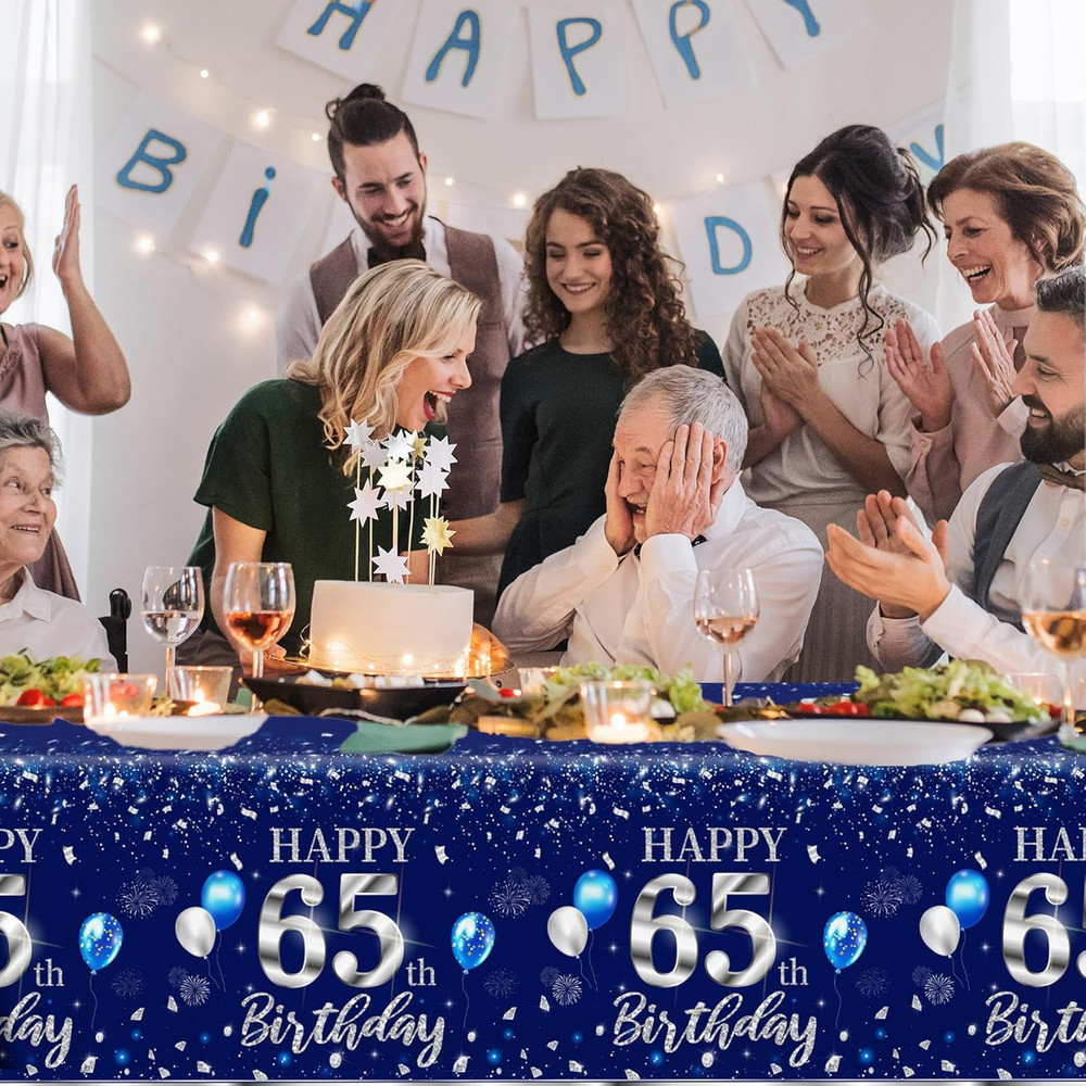 3Pcs 65th Birthday Tablecloth Decorations Sliver and Blue Table Cover Plastic 65