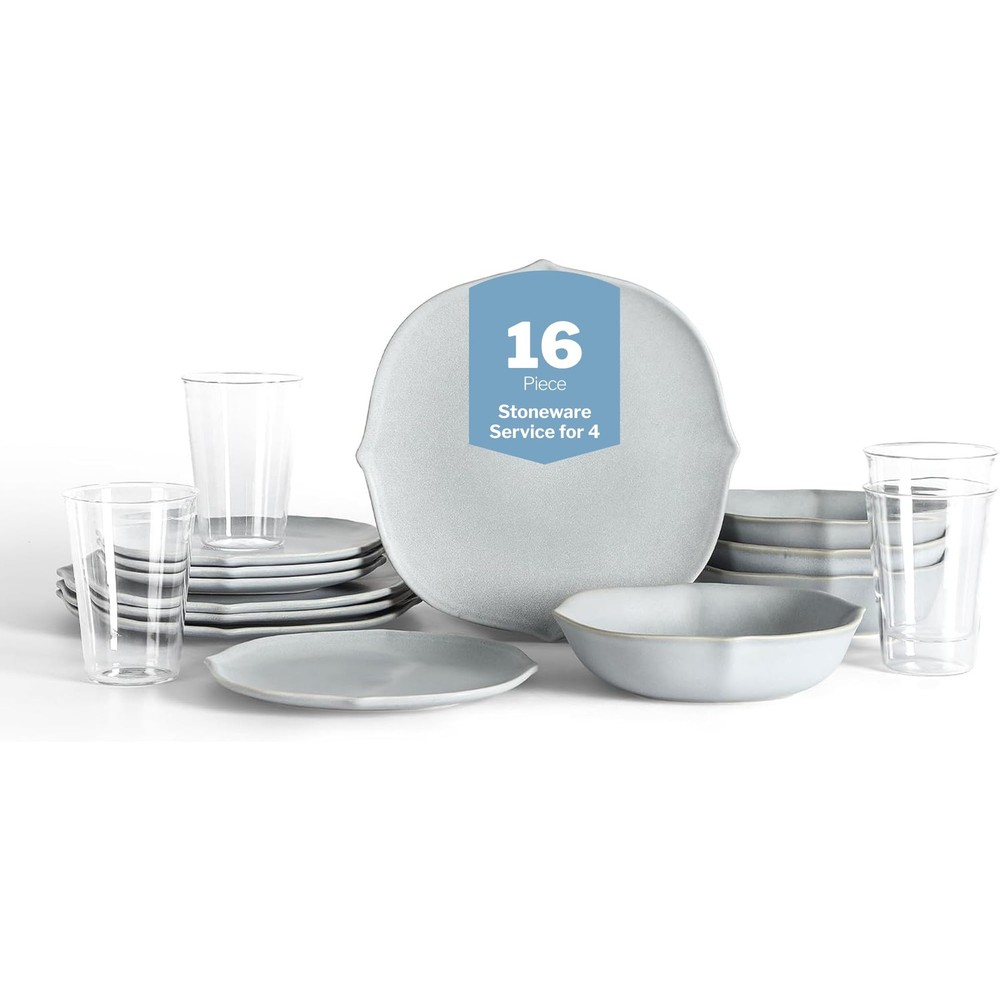 Baskerville 16-Piece Dinnerware Set Stoneware, Borosilicate Glass, Light Blue