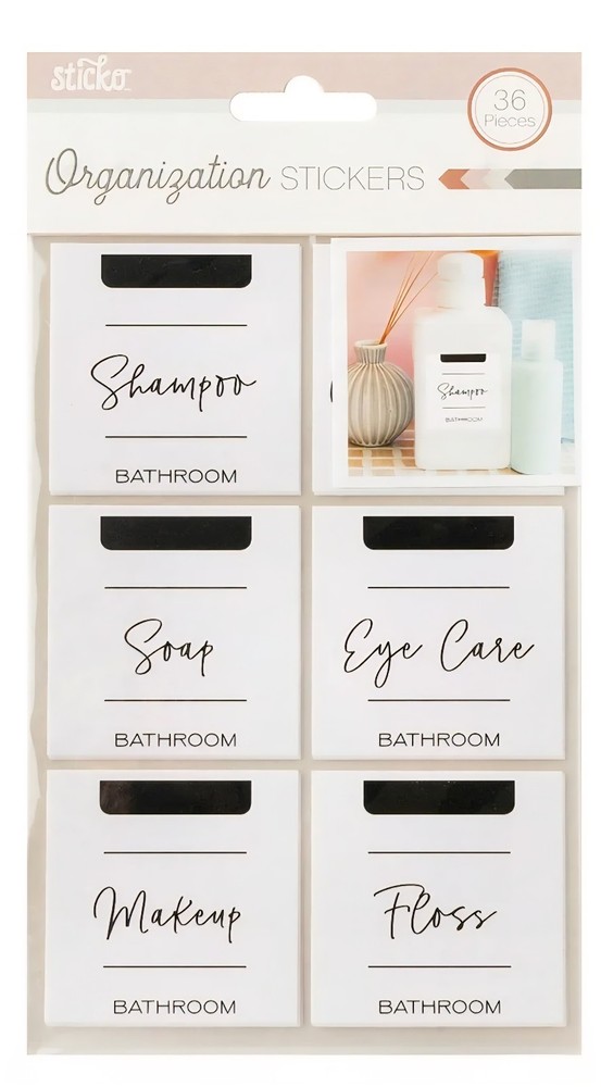 36pc White Bathroom Organization Flat Stickers by Sticko, BRAND NEW