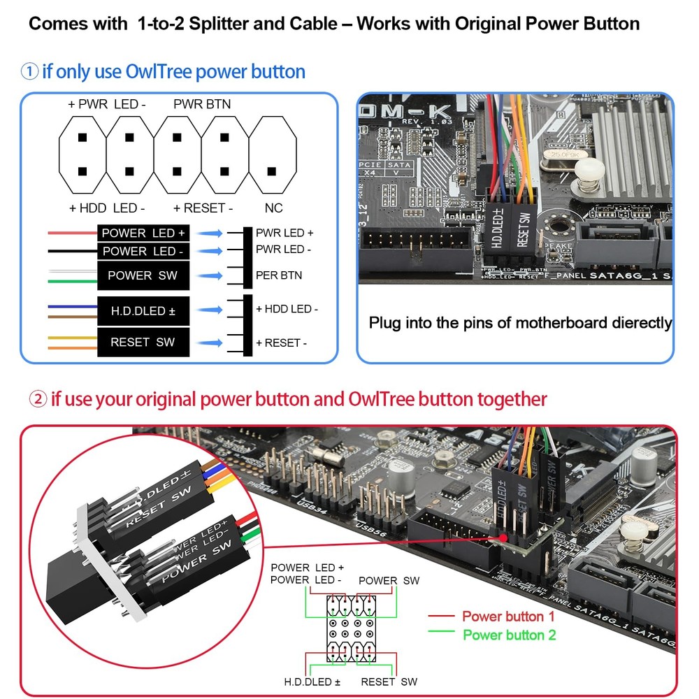 PC Power Button, Desktop Switch Splitter ON Off Reset SW HDD LED External...