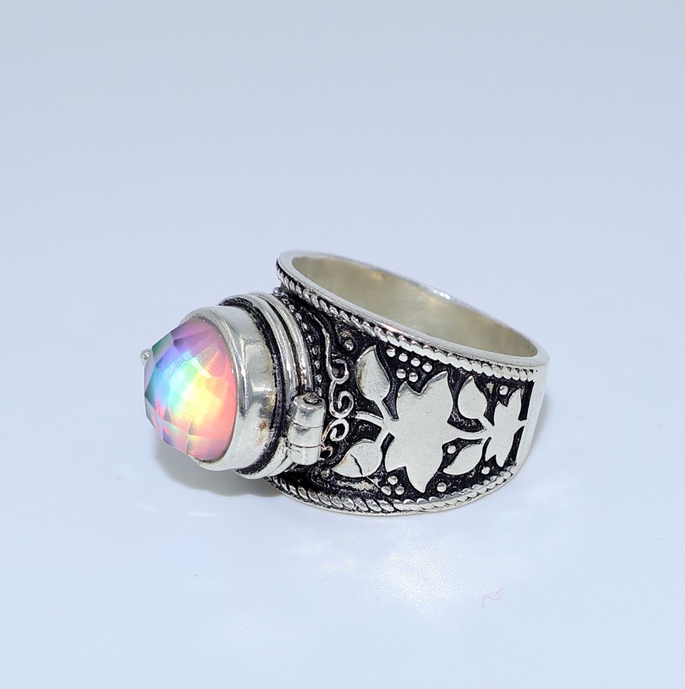 Aurora Opal Poison Ring, 925 Silver Platted Ring, Compartment Pill Box Ring