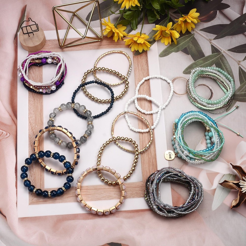 LOYALLOOK 6 Sets Bohemian Stackable Bead Bracelets for 7 9 inch, Multicolor