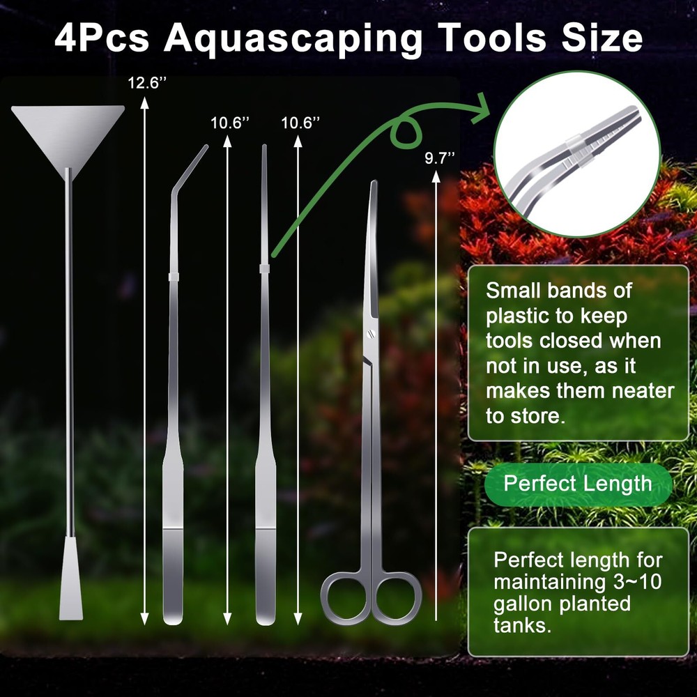 4 Pack Aquascaping Tools Kit Long Aquarium Tweezers Scissors Algae Scraper