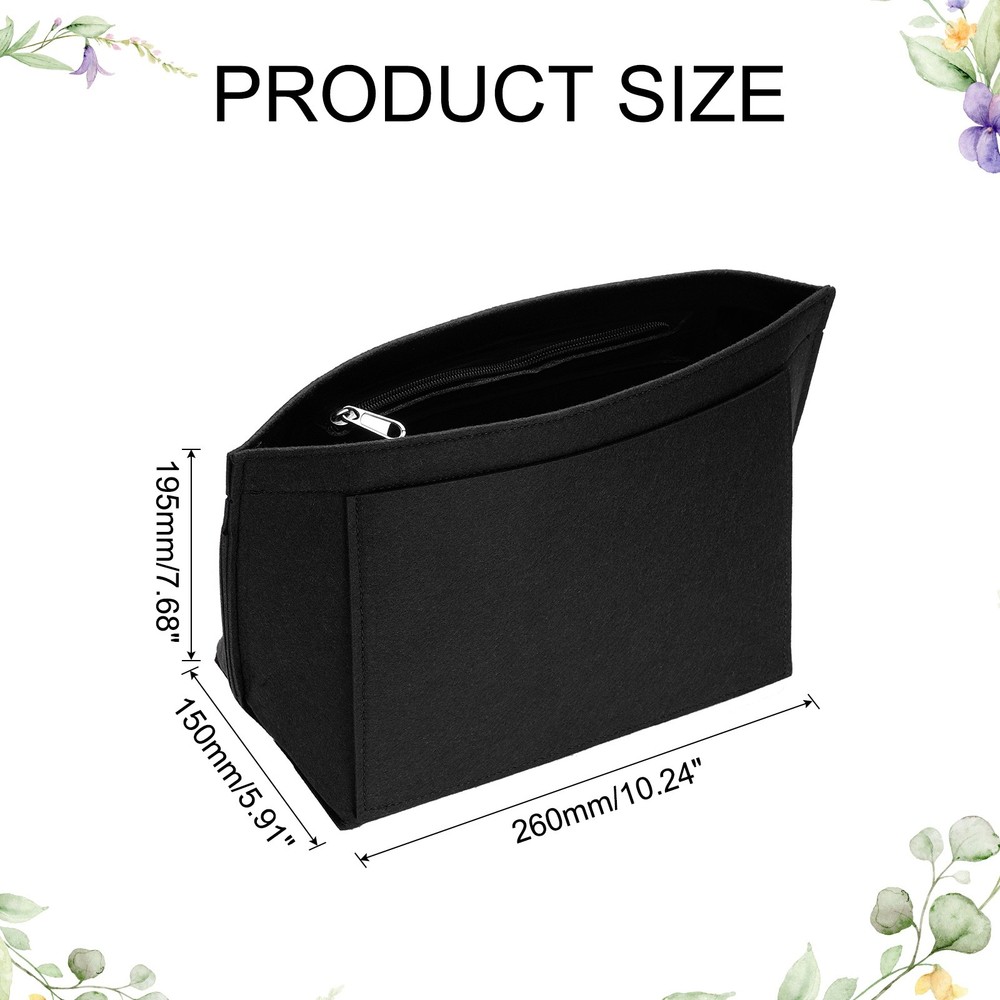 Purse Organizer Insert, Medium Felt Handbag Organizer with Zipper, Black
