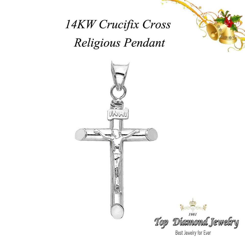 14k Solid White Gold Cross Jesus Crucifix Religious Charm Pendant Medium N