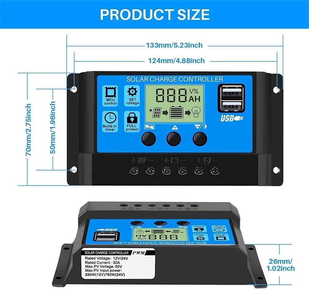 30A PWM Solar Panel Charge Controller 12/24V Auto LCD Display Dual USB Timer Set