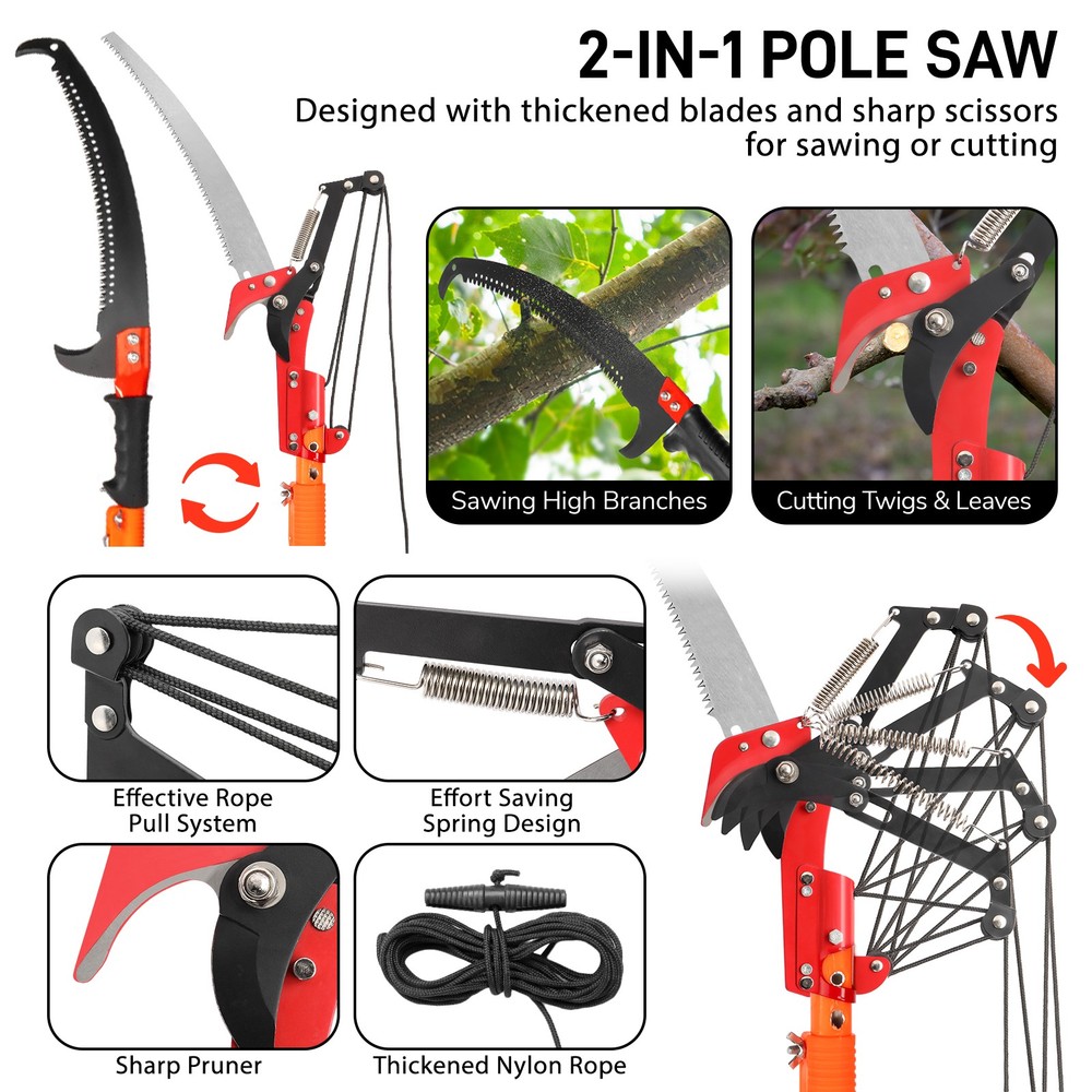 24 Feet Tree Pole Pruner, Durable Tree Trimmers Handle, Manual Branches Trimmer