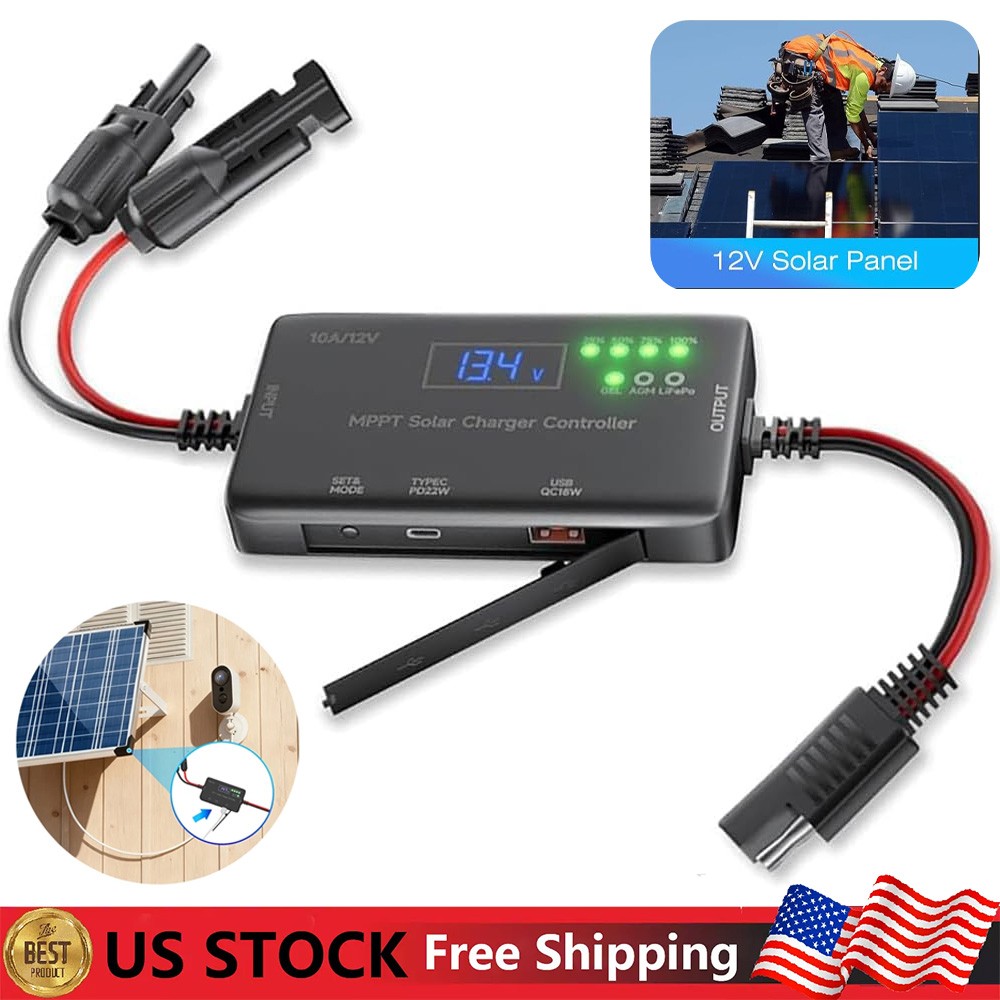 Solar Charge Controller 12V 10A MPPT Solar Panel Charge Controller Type-C & USB