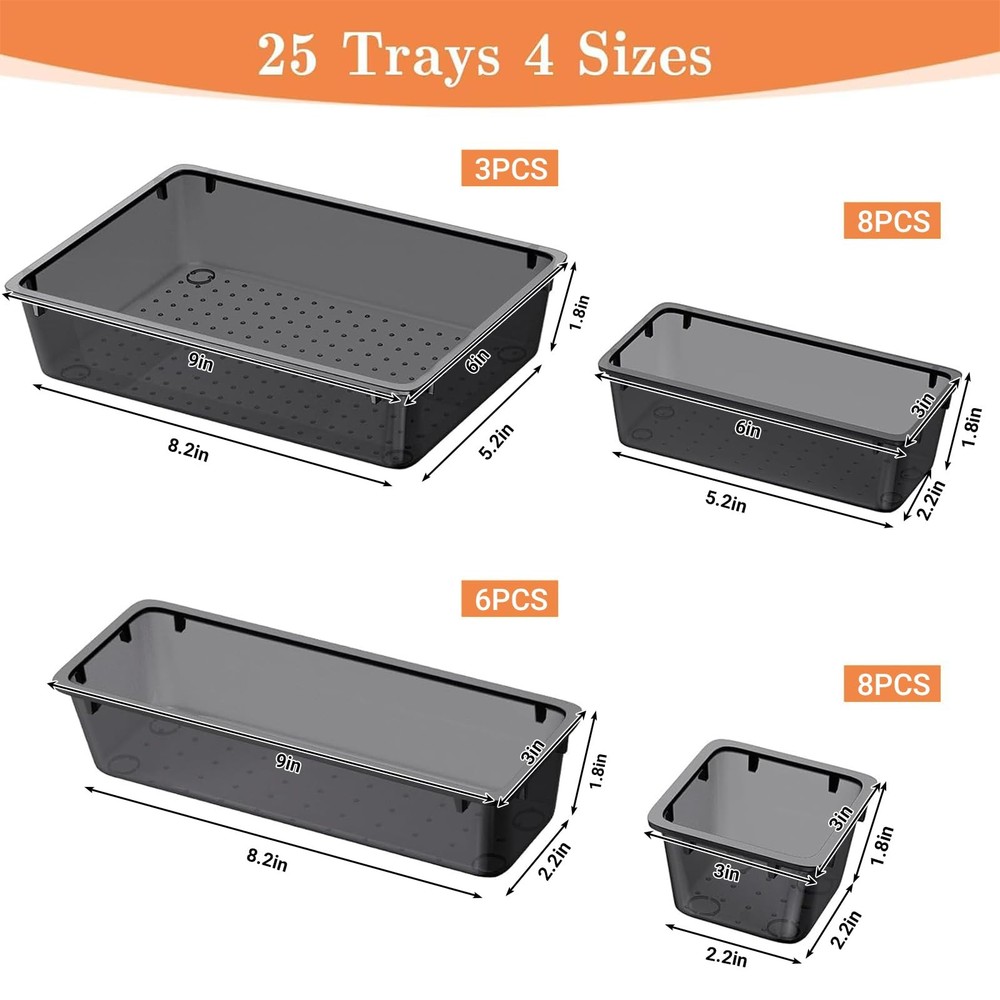 SpaceHacks 25 PCS Plastic Drawer Organizer Set, 4-Size Versatile Clear Black