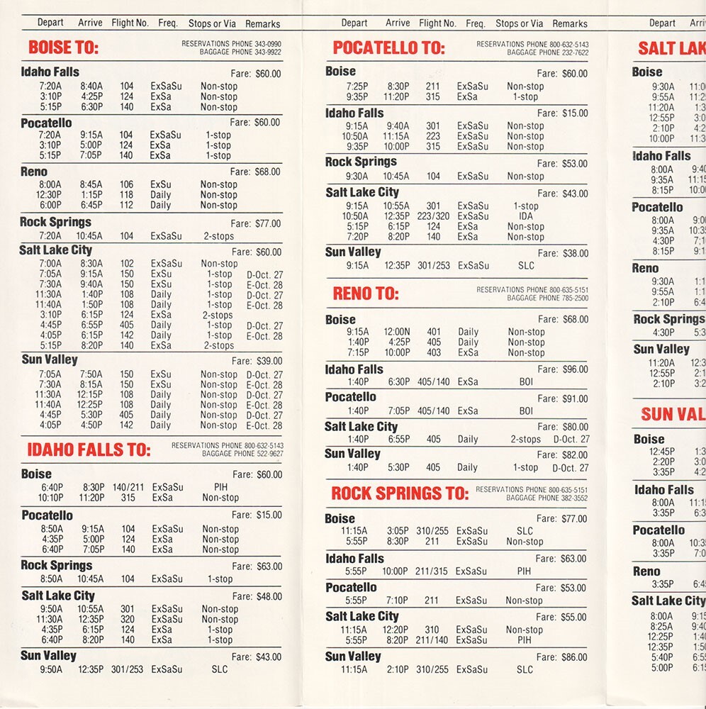 Mountain West Airlines timetable 1979/10/01