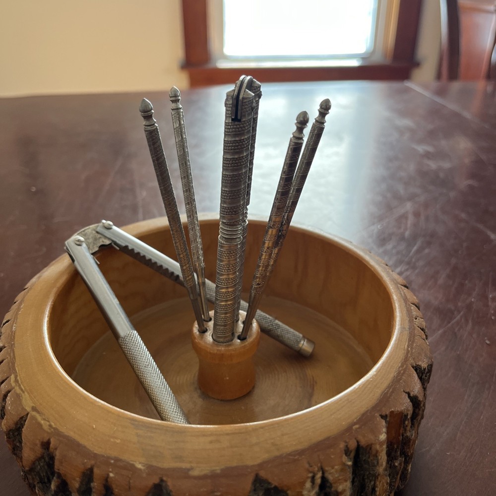 Vintage Solid Tree Bark Nut Bowl with 1 HMQ Nutcracker & 4 picks Cloth Bottom