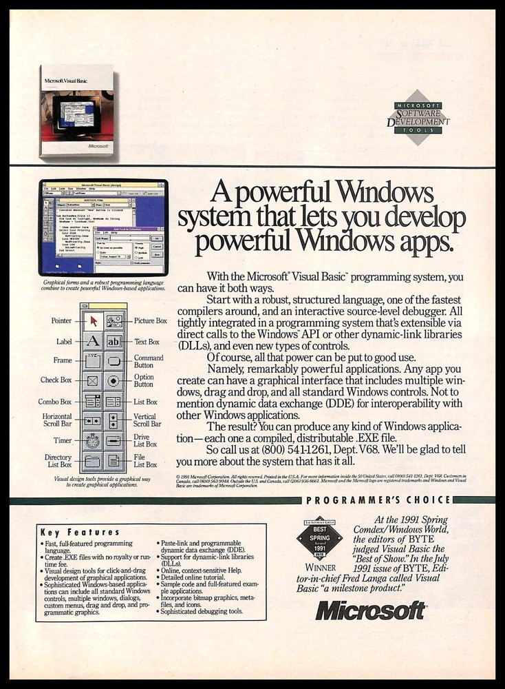1992 Microsoft Visual Basic Powerful Windows System PRINT AD Retro Computers PC