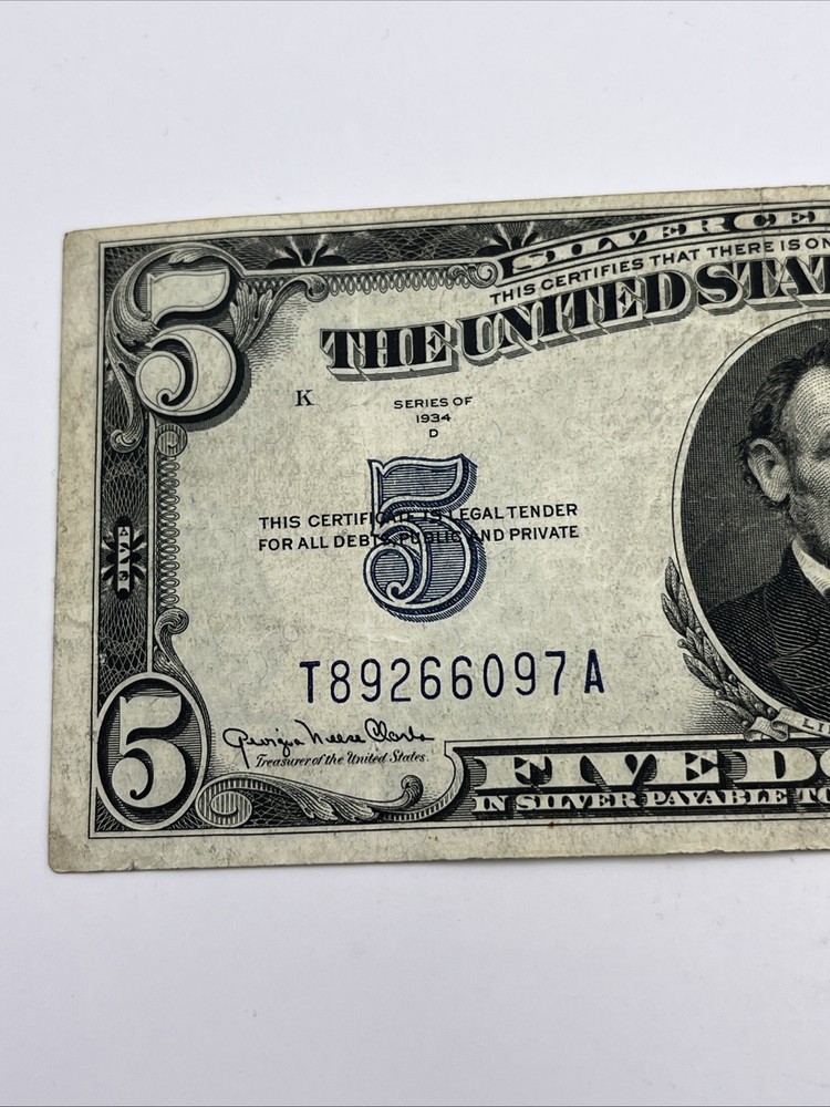 1934 D $5 Silver Certificate Bill