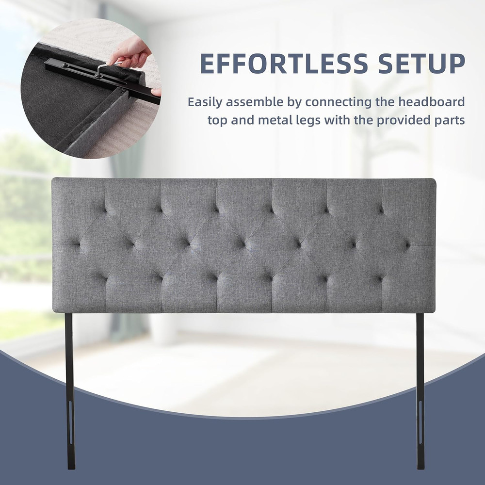 Linen Upholstered Headboard Queen Size, Modern Diamond Tufting Solid Wood Queen